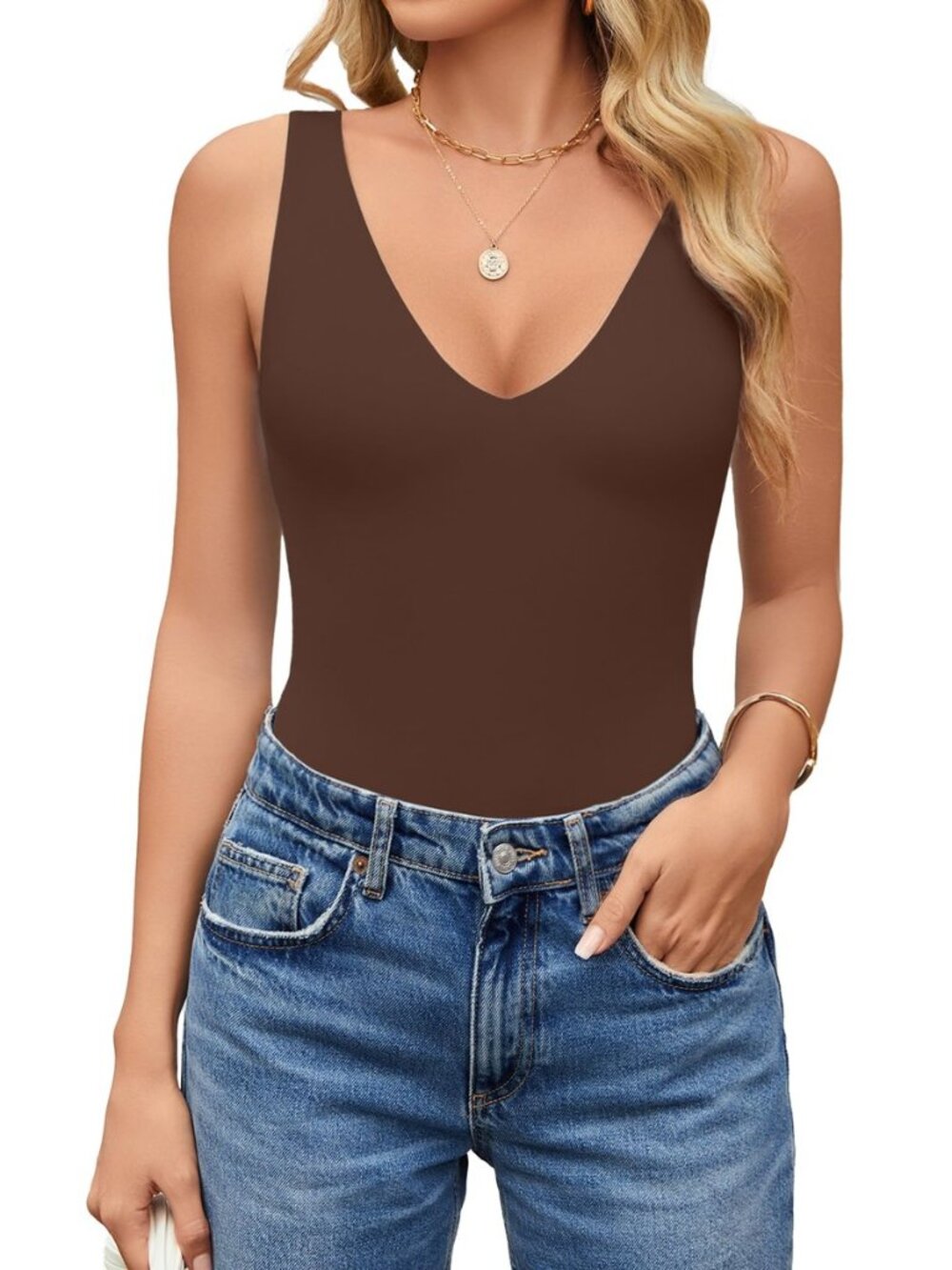 Women's Sexy Plunge Deep V Neck Bodysuit Double Lined Sleeveless Thong Body Suit